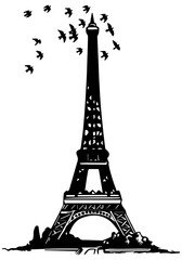 A chic Eiffel Tower silhouette takes flight amidst a flock of birds