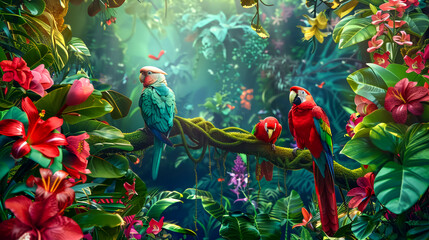 3d digital art. Drawing colorful wallpaper. tropical forest multicolor birds