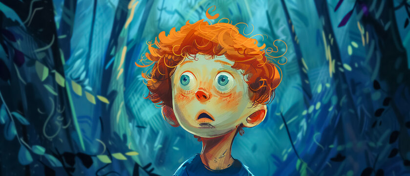 a cute boy with red hair in a forest, illustration in the style of mystery