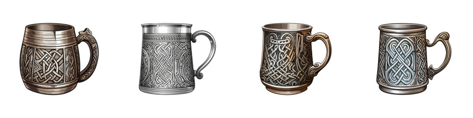Four varied beer mugs presented in a cartoon vector style - obrazy, fototapety, plakaty
