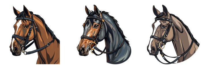 Three horses shown in various stances