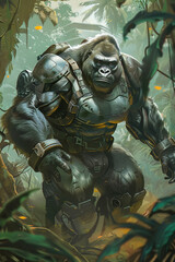 A silverback gorilla in an exo-suit enhanced for strength