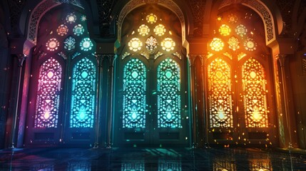 Ramadan kareem background: vibrant mosque window illuminated by soft light, symbolizing peace and...