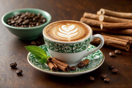 Coffee Break Bliss: Cappuccino Set on Rustic Wooden Table.