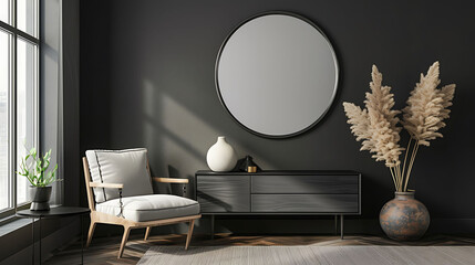 Round shape mockup photo frame metal border, on chest drawer in modern living room, 3d render