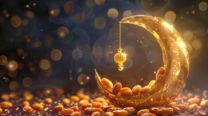 Golden ramadan moon decor with islamic rosary beads and dates fruit: ramadan kareem background - obrazy, fototapety, plakaty