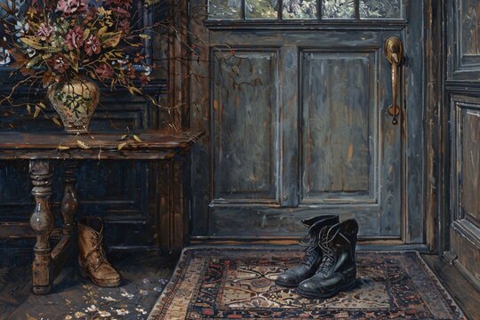 a painting of boots on a rug in front of a door