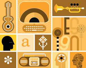 Pop art collage of many different objects, set of vector design elements. Each one of the design element created on a separate layer and can be used as a standalone image, icon or logo.