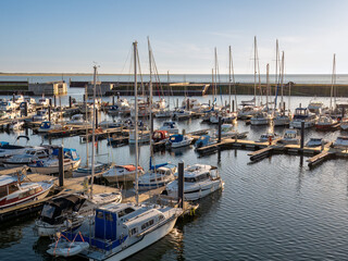Boats in Esbjerg Strand marina, Esbjerg city, Jutland, Denmark, on North Sea coast