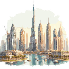 Fototapeta na wymiar watercolor of Dubai skylines isolated on white background | Dubai Skyline Painting Vector