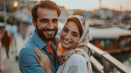 Portrait of a young and happy Turkish couple with handsome man and beautiful woman posing to celebrate their engagement in modern days