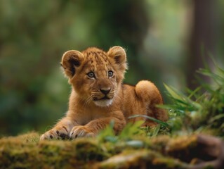 A young lion cub rests peacefully among greenery, exuding innocence and curiosity in a tranquil wild setting.