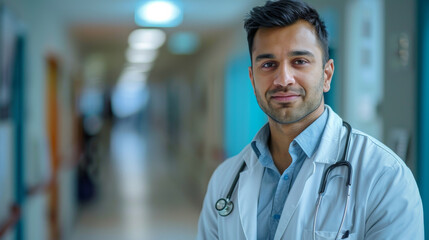 Portrait of a doctor of Indian ethnicity with hospital corridor in background - obrazy, fototapety, plakaty