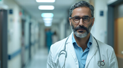 Portrait of a doctor of Indian ethnicity with hospital corridor in background