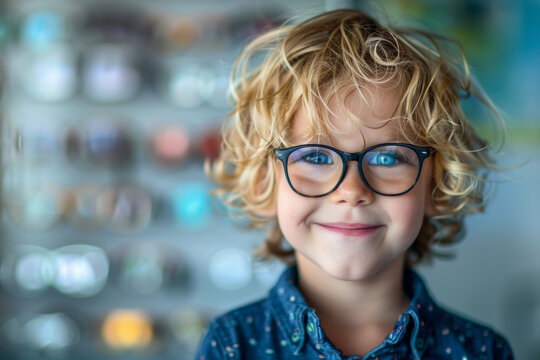 Portrait of a young boy wearing glasses in a optician shop , happy toddler seeing properly for the first time with his corrective eyeglasses