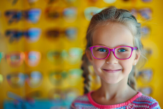 Portrait of a young girl wearing colorful glasses in a optician shop , happy toddler seeing properly for the first time with his corrective eyeglasses