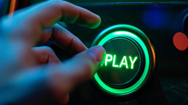 Man hand about to press a play button in a gaming room