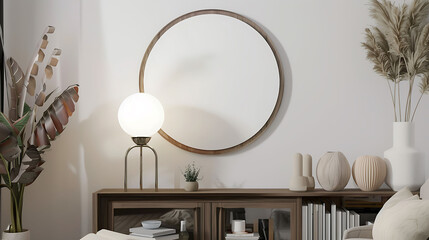 Round shape mockup photo frame plastic border, on bookcase in modern living room, 3d render