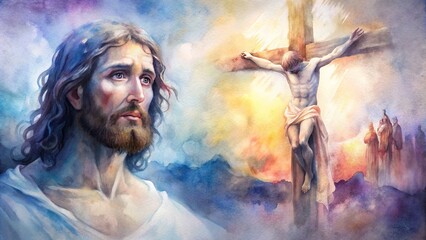 Jesus Dies on the Cross, The Crucifixion and Death, Powerful Christian Art Depicting Sacrifice, Redemption, and Divine Love for Easter | Religious Painting of Crucified Messiah and Resurrection - obrazy, fototapety, plakaty
