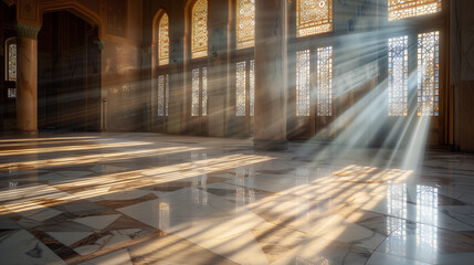 Sunlight streams in through the mosque's tall windows, creating beautiful light patterns on the...