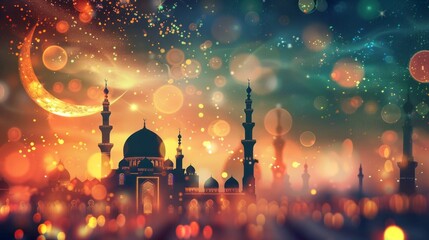  Islamic magical ramadan atmosphere: glowing mosque, crescent moon, and bokeh lights on islamic eid...