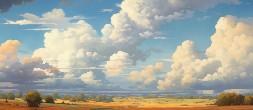 A serene landscape painting capturing a grassland with trees under a peaceful sky filled with fluffy cumulus clouds, creating a calming atmosphere