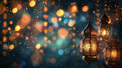 Elegant eid and ramadan lantern wallpaper banner background - obrazy, fototapety, plakaty