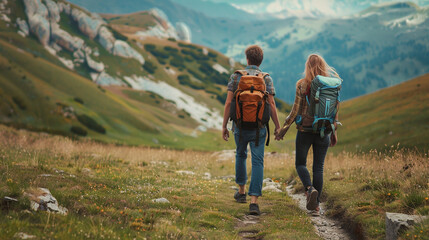 Couple hiking in the mountains. 