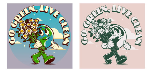 Vintage motivation poster or card design template with walking happy groovy Earth planet character mascot with go green caption for t shirt print. Vector illustration	