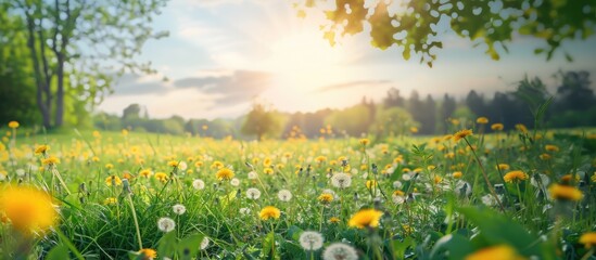Beautiful meadow field with fresh grass and yellow dandelion flowers in nature against a blurry blue sky with clouds. Summer spring perfect natural landscape.