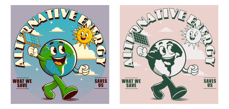 Vintage motivation poster or card design template with walking happy groovy Earth planet character mascot with alternative energy caption for t shirt print. Vector illustration	