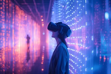 Immersive virtual reality experience user navigating through a digital landscape