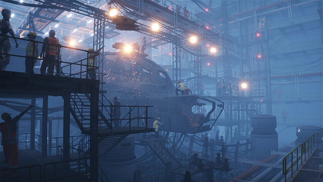 Production of military futuristic ship at the factory. People and robots Future concept. 3d rendering.