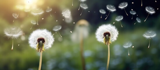 The petals of the dandelion flower are being carried by the wind, spreading pollen as they fly through the air. Its a happy sight of a flowering plant in macro photography - Powered by Adobe