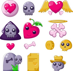 vector illustration of gaming icons set, heart, skull, february 14, holiday, love, dream, fantasy, dice, coin, pink and gold