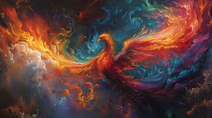 Phoenix rebirth among flames ashes swirling as it rises - obrazy, fototapety, plakaty