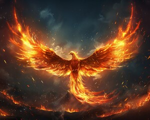 Phoenix rising from ashes fiery wings spreading against a dark sky - obrazy, fototapety, plakaty