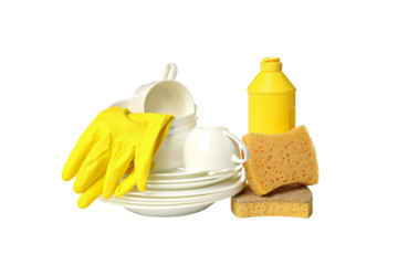 PNG,Detergent with sponge and dishes, isolated on white background