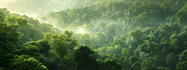 A panoramic view of the dense forest canopy, shrouded in morning mist and bathed in soft sunlight - 756301187