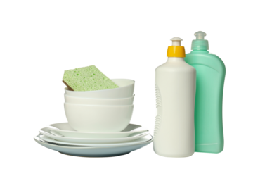 PNG,Detergent with sponge and dishes, isolated on white background