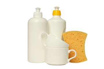 PNG,Detergent with sponge and dishes, isolated on white background