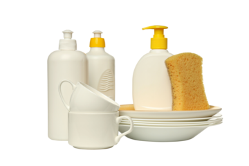 PNG,Detergent with sponge and dishes, isolated on white background