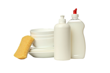 PNG,Detergent with sponge and dishes, isolated on white background