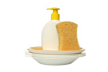 PNG,Detergent with sponge and dishes, isolated on white background