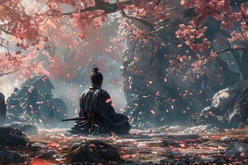 Samurai in a serene garden meditating before a duel