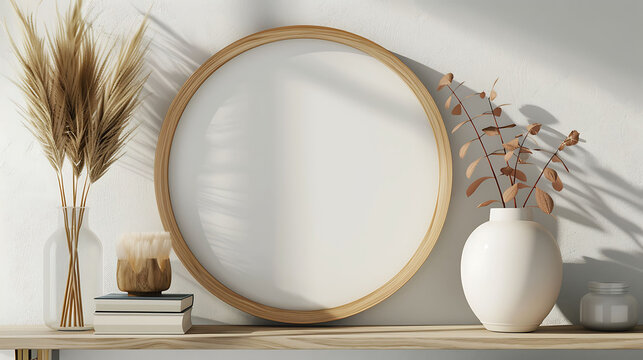 Round shape mockup photo frame wooden border, on book shelf in modern living room, 3d render