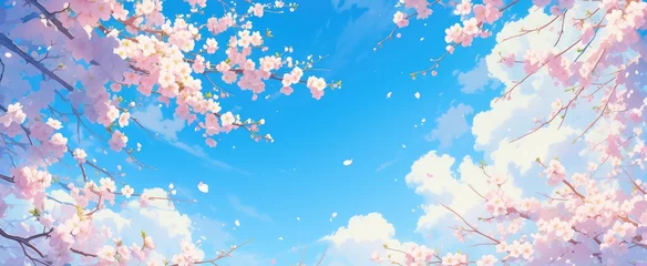 Zelfklevend Fotobehang Spring banner, blossoming cherry over blue sky background. Beautiful cherry blossom sakura in spring time, romantic image spring, landscape panorama. © Shaman4ik