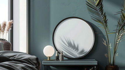 Round shape mockup photo frame metal border, on bedside table in modern living room, 3d render