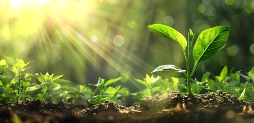 A young plant sprouting from the soil on a green background with sunlight, a banner for the environment and ecology concept