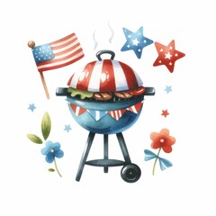 Fourth of July barbecue party. watercolor illustration, Perfect for nursery art, Independence Day America celebration in USA, white background.